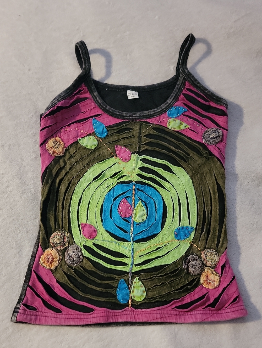 Colorful Boho Appliqué Tank Top — Pink, Green, Blue